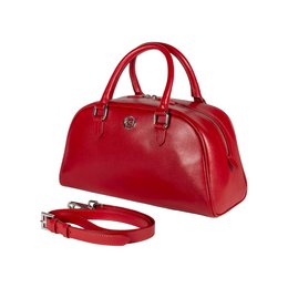 RB1034V | Borsa Bowling da Donna VIRGINIA in Vera Pelle Saffiano Made in Italy. Accessori in metallo Argento Lucido. Colore Rosso. Dimensioni: cm 35 x 19 x 14,5 + 12 (Luce manici)