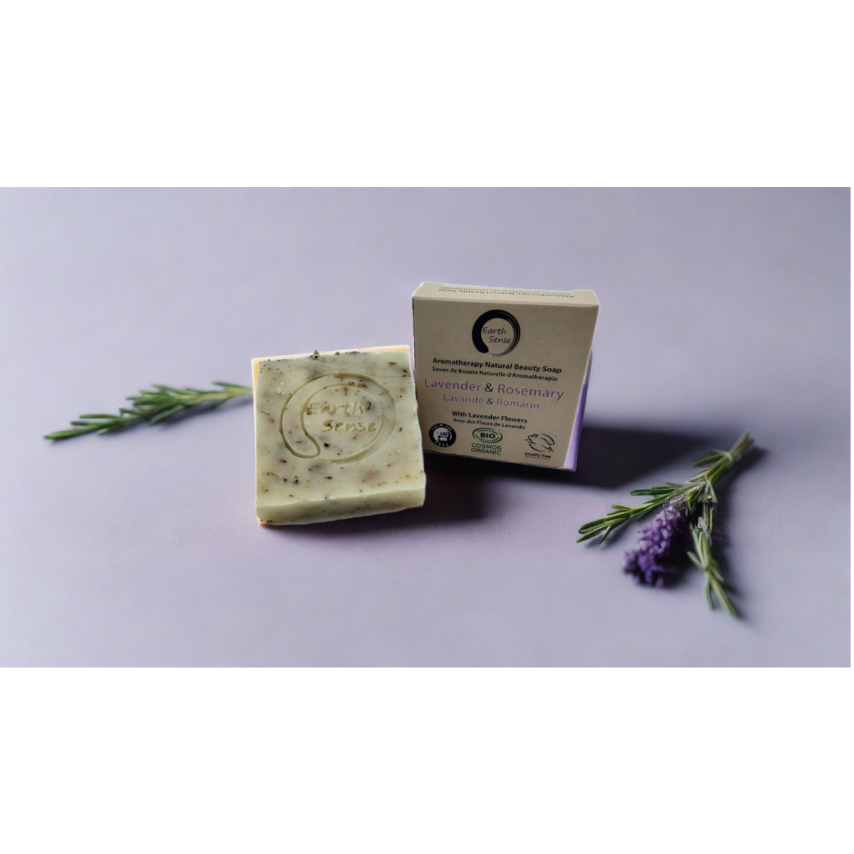 Organic Certified Solid Soap - Lavender & Rosemary with Lavender flowers 90g