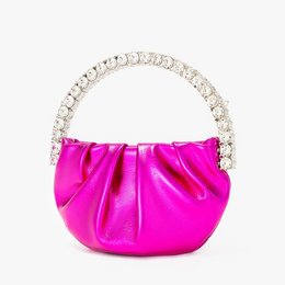 Fuchsia satin evening bag with diamond pavé frame and chain strap.