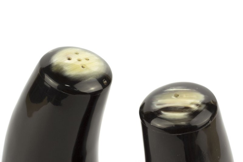 Grande salière et poivrière en corne blonde marbrée et noire