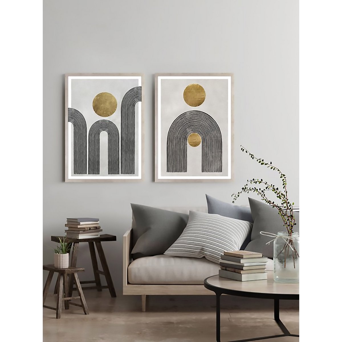 Vægmaleri geometrisk guldbillede med ramme trælook 60x90 cm