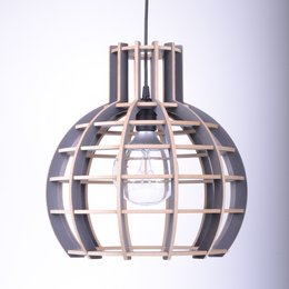 A semi-gray, globe-shaped pendant light with a wooden frame and a modern, geometric design. The light fixture has a diameter of approximately 50 cm and is suitable for use in pendant lighting applications.