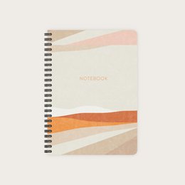  A5 notebook with abstract shapes in neutral tones of beige, pink, and orange. Comes in various ruling options including blank, grid, lined, and dot grid.