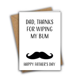 A humorous Father's Day card with a playful message and a stylized mustache graphic.