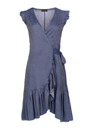  Blue denim wrap dress, short sleeves, asymmetrical ruffled hem, knee-length, casual style women's dress.
