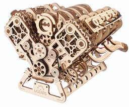  Wooden V8 engine model kit, mechanical craft, natural wood color, detailed pistons and cylinders, engineering toy.