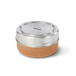 Glass lunch bowl with a round, tall shape and a tan fabric wrap. The bowl has a clear glass lid and is suitable for storing and transporting food.