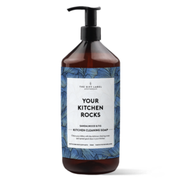  A kitchen cleaning soap with a fresh, natural scent. Features a blue and white marble-like design on the bottle.