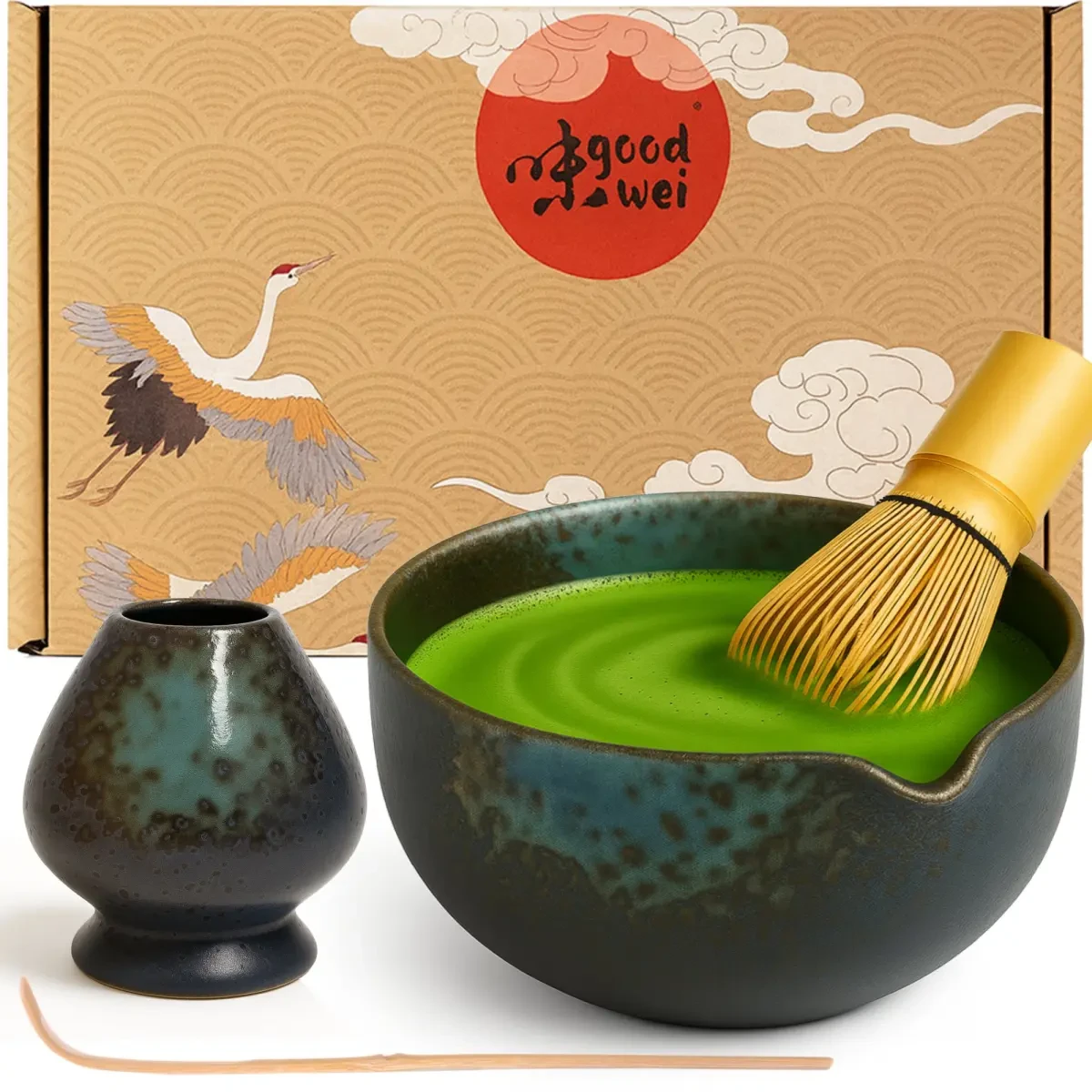 Matcha Latte Set 4 pièces. - Bol verseur, fouet à matcha des années 80, support et cuillère