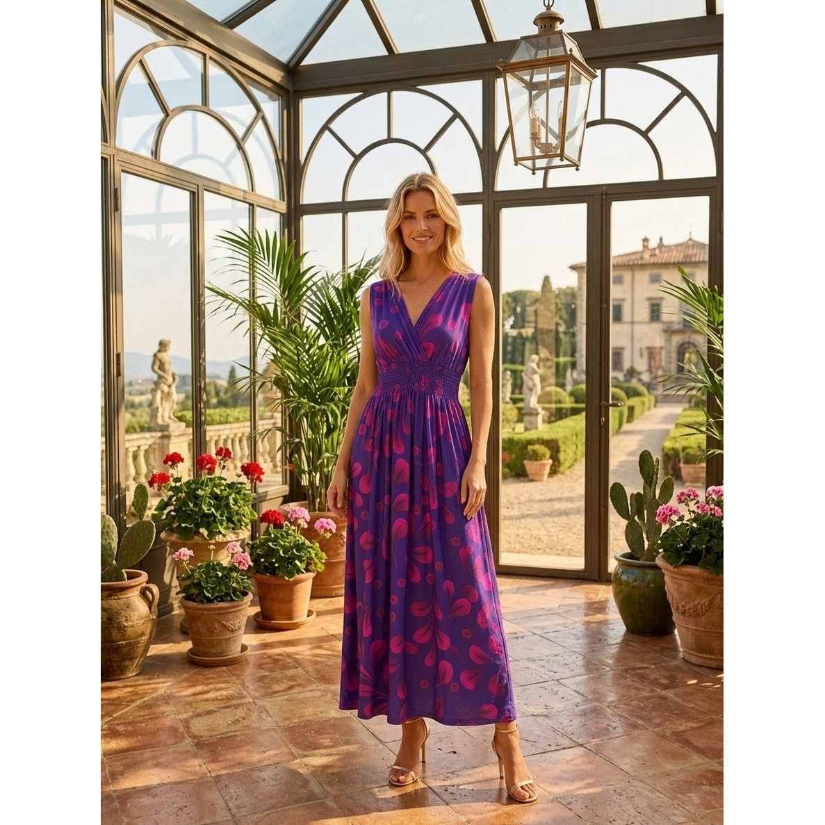 Sukienka maxi „Summer Flamboyant” – impresjonistyczny kwiatowy nadruk i marszczona talia – 602-59