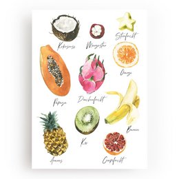 "Vibrant and colorful print featuring a variety of summer fruits, including coconut, papaya, dragonfruit, pineapple, and more. This print would be perfect for a kitchen or dining room decor."