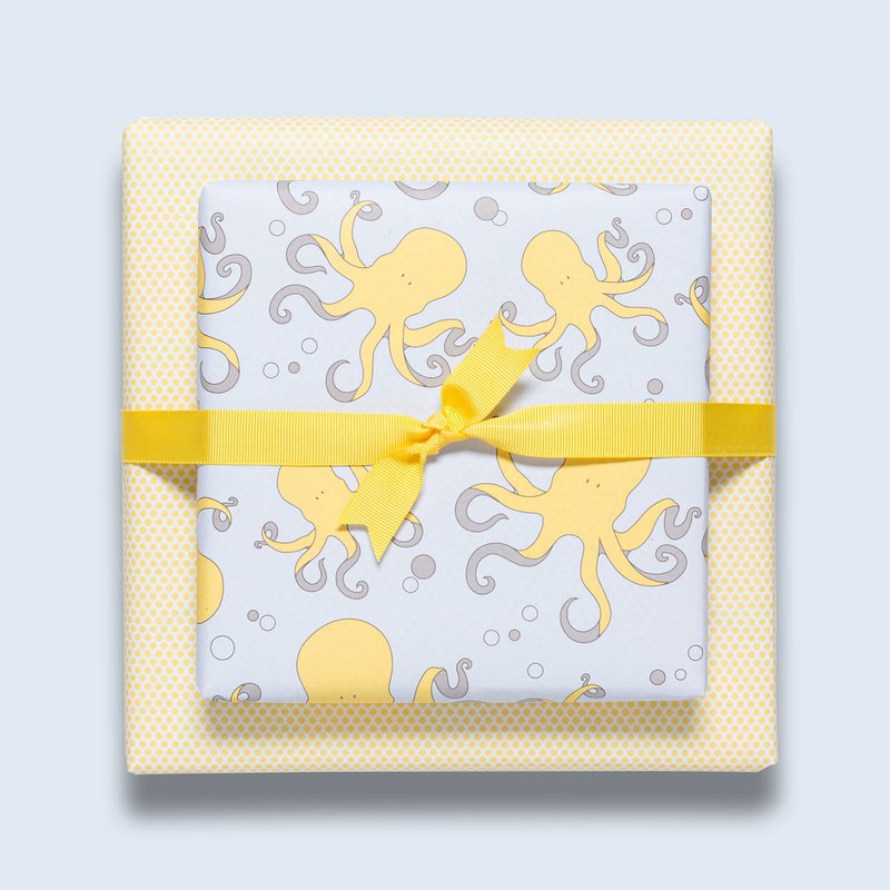 Carta di avvolgimento azzurra e gialla con polpi, carta avvolgente per bambini con motivo a polpo per il compleanno dei bambini, per regali per la nascita o il battesimo -
