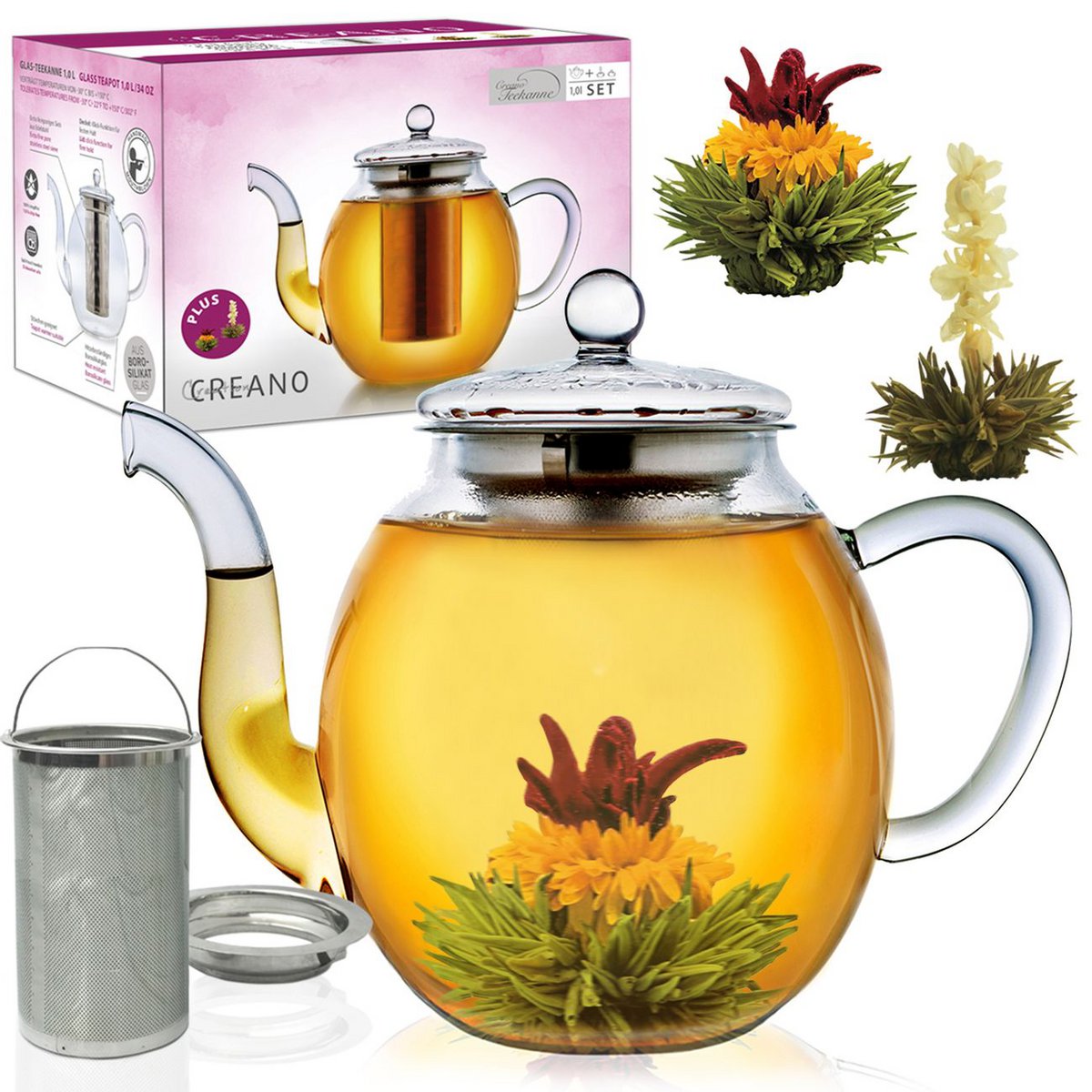 Creano Glasteekanne 1,0l inkl. 2 Teeblumen