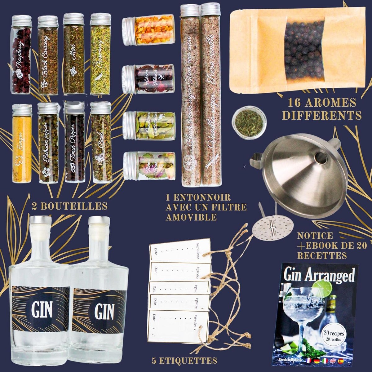 LOUISE & GASTON® Homemade Gin Kit - Box of Spices and Personalized Creation Accessories, Ideal Unique Gift for Christmas, Birthday or Valentine's Day, Incomparable DIY Tasting Experience