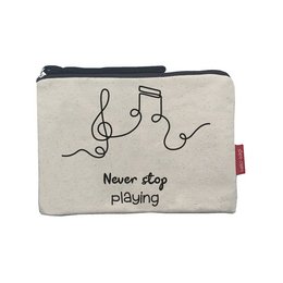 Beige toiletry bag with black text "Never stop playing" and a musical note design. Made of durable canvas material, suitable for storing personal items or cosmetics.
