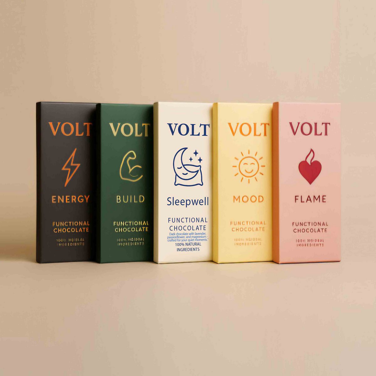 Volt display - 5 functional chocolate varieties Sales display (total 50 pieces)