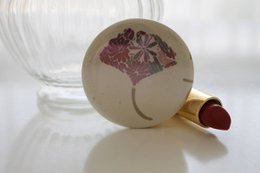  Circular pink pocket mirror with a ginko leaf design.