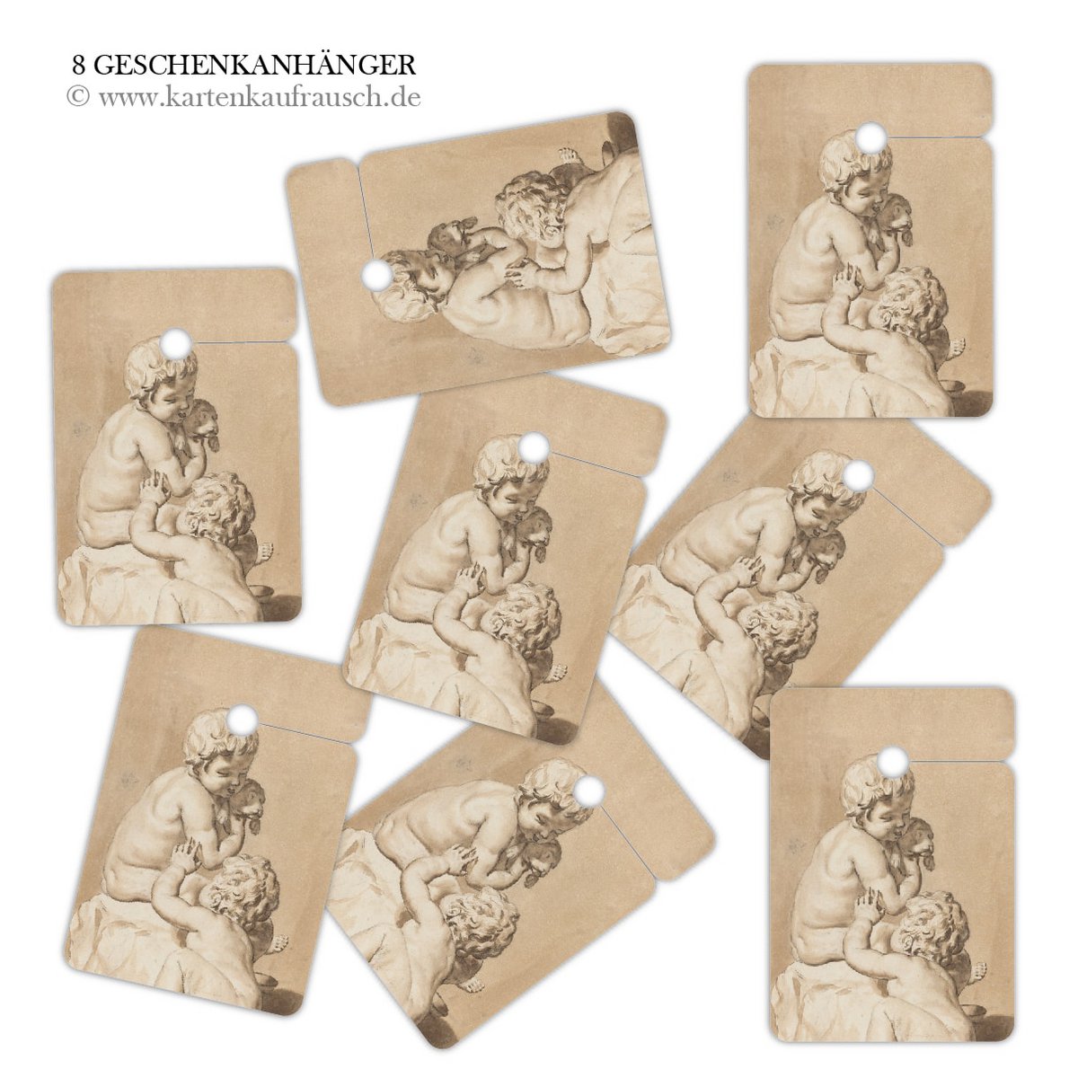 8 art gift tag tags, format 6.9 x 10cm with cute putti and little dog