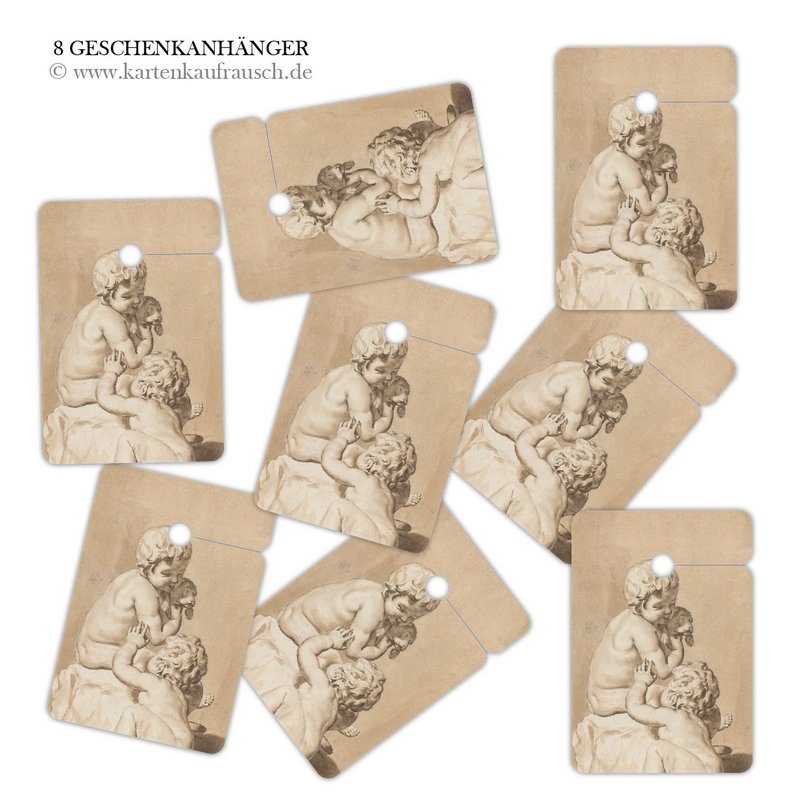 8 art gift tag tags, format 6.9 x 10cm with cute putti and little dog