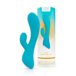 Turquoise and orange vibrator with a rabbit-shaped design, suitable for intimate personal use.