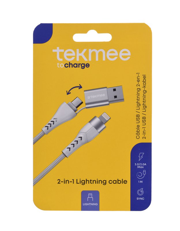 CARGADOR LIGHTNING/TYPE-C Y USB 2 EN 1 DE 1M