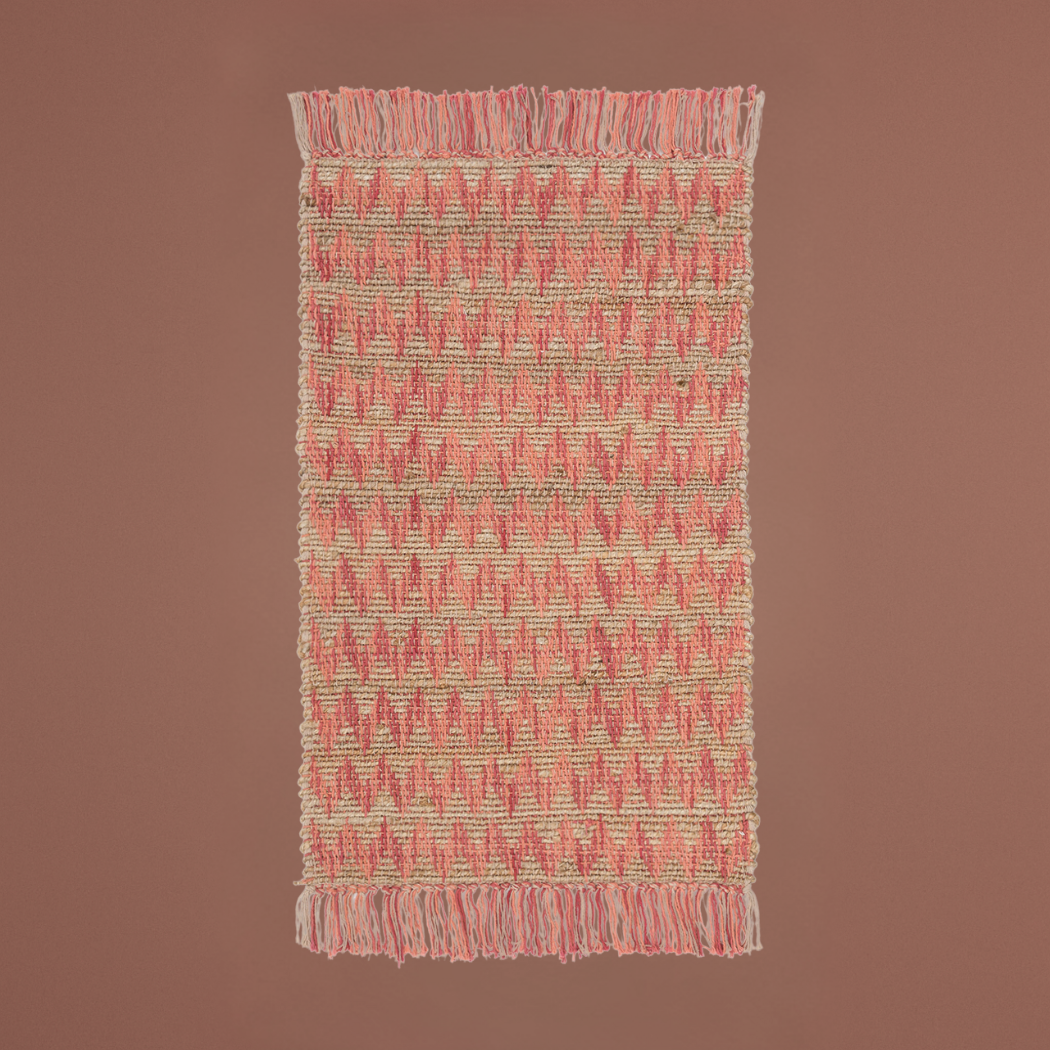 Håndvævet zigzag -tæppe - rød og naturlig med frynser (50 × 80 cm)