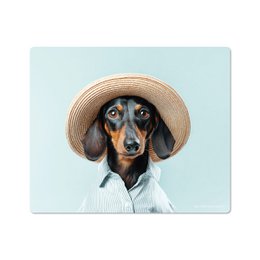 Rectangular mouse pad with a dachshund dog wearing a straw hat against a light blue background. The mouse pad appears to be made of a soft, textured material.