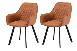 Set of 2 brown microfiber armchairs with quilted diamond pattern and black metal legs, suitable for dining room or living room.