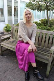  Long loose basic skirt with belt in choco, brickterracotta, camel, and cyclaam colors. Comfortable and stylish women's skirt.