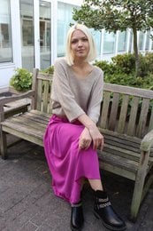 Long loose basic skirt with belt in choco, brickterracotta, camel, and cyclaam colors. Comfortable and stylish women's skirt.