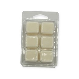 Wax melt in a rectangular container with 8 square wax cubes. The container is made of clear plastic and the wax cubes are a light cream color.