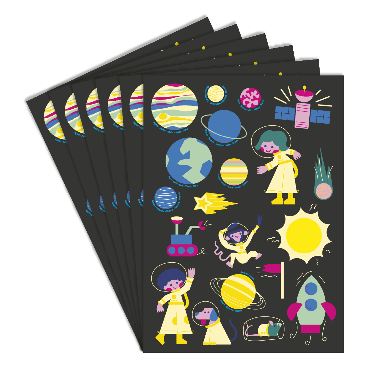 REPOSITIONABLE & HOLOGRAPHIC PAPER STICKERS - SPACE - 2 - 6 cm - 120 pcs - Assorted colors