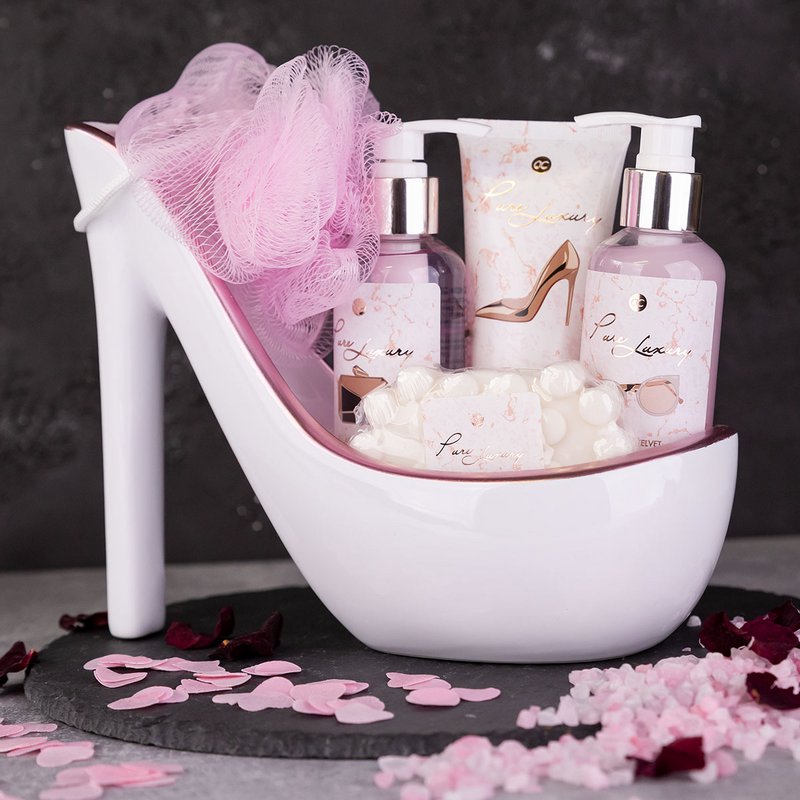 Badesæt PURE LUXURY i keramisk sko i hvid/pink