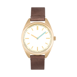 Gold-toned watch with a brown leather strap and a simple, minimalist dial design.
