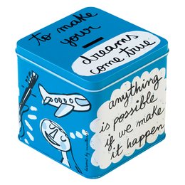 Blue metal coin box with inspirational text and cartoon design. Rectangular shape with rounded corners. Suitable for storing coins, cash, or small items. Designed to motivate and encourage positive thinking.