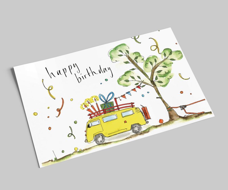 Birthday card | yellow Bulli | Happy Birthday | Watercolor postcard