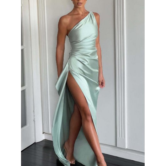 Sexy One-Shoulder-Kleid mit rückenfreiem Schlitz und Sommer, elegant, schmal geschnitten, einfarbig, Satin-Kleider für Damen