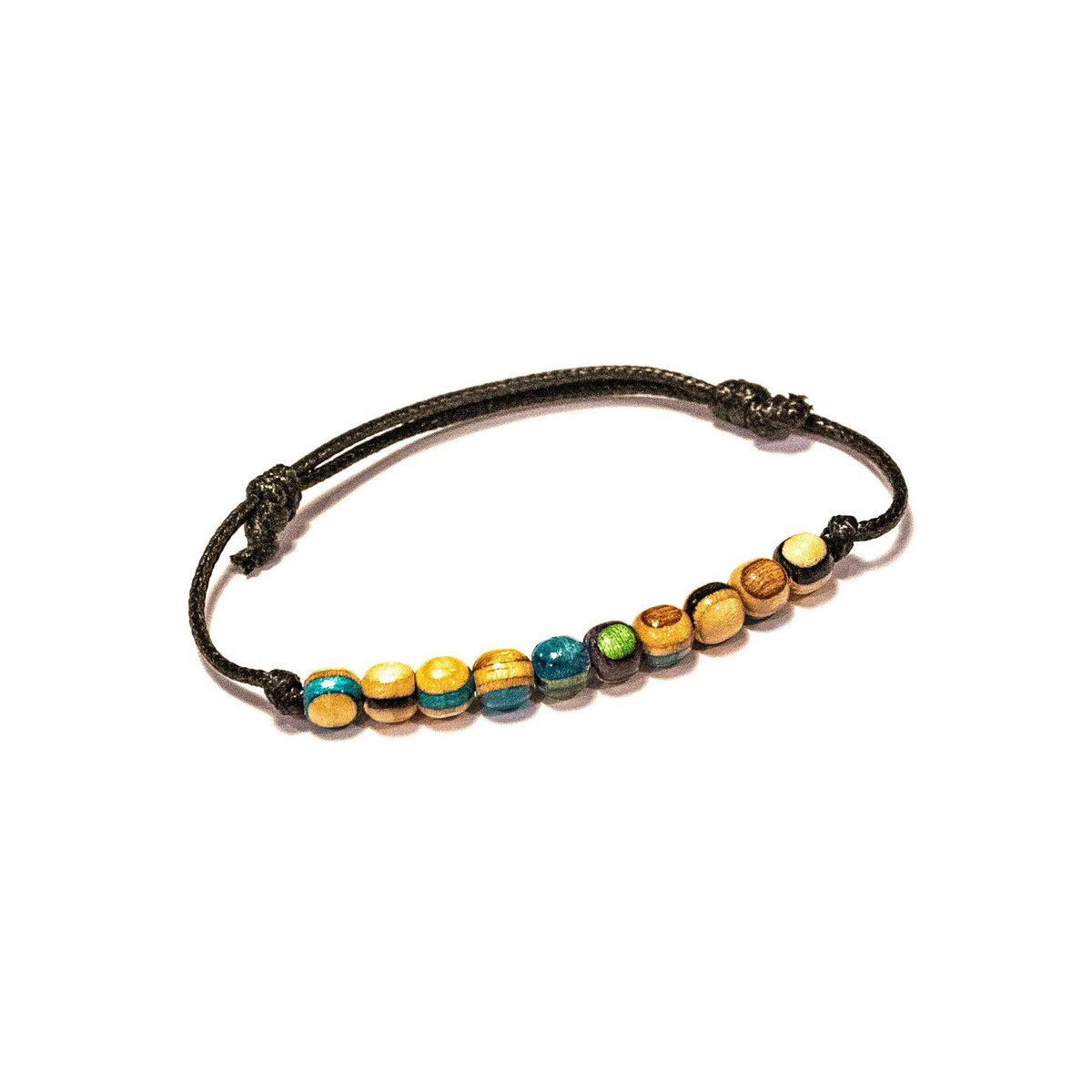 Recycled Skateboards Wood Bead Bracelet, Multicoloured, Blue, Green, Red, 6mm beads, Adjustable, Unisex