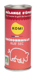 Spice mix for Cochonnaille Rub' Sec, a savory blend of herbs and spices in a round tin container.
