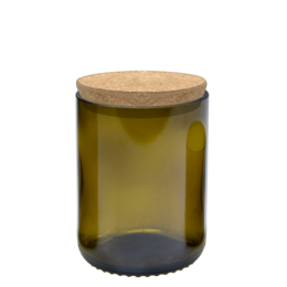 A repurposed glass jar with a cork lid, used for storage. The jar is made from a recycled bottle and has a capacity of 300 ml. The jar has a cylindrical shape with a cork lid on top.