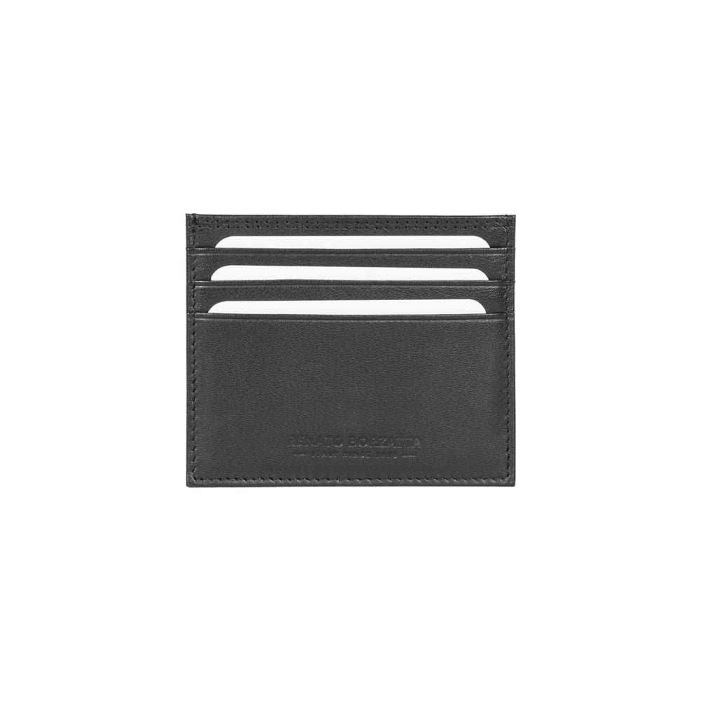 RB12016A | Credit Card Holder in Genuine Full Grain Leather, with light grain. Black colour. RFID protection. Dimensions: 10 x 8 x 0.5 cm. Packaging: Bottom/lid gift box