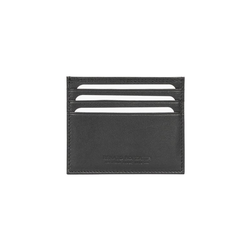 RB12016A | Credit Card Holder in Genuine Full Grain Leather, with light grain. Black colour. RFID protection. Dimensions: 10 x 8 x 0.5 cm. Packaging: Bottom/lid gift box