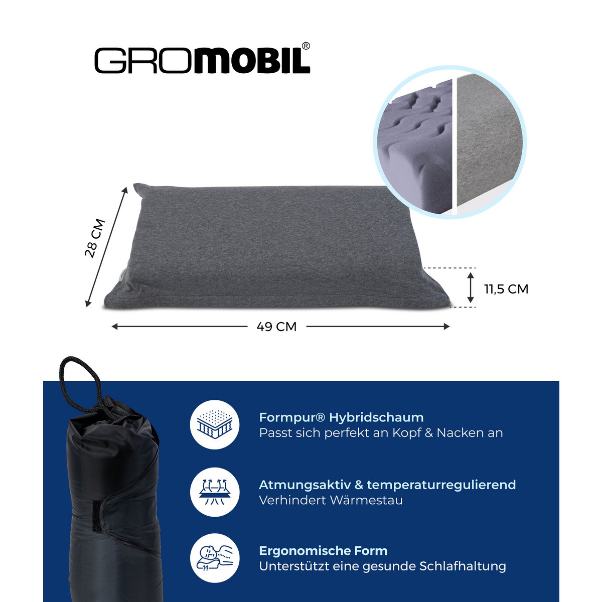 GROMOBIL® Reise-Nackenstützkissen TRAVEL – Orthopädisches Kissen: ergonomisch & atmungsaktiv für Hotel, Pension, Ferienwohnung & Camping