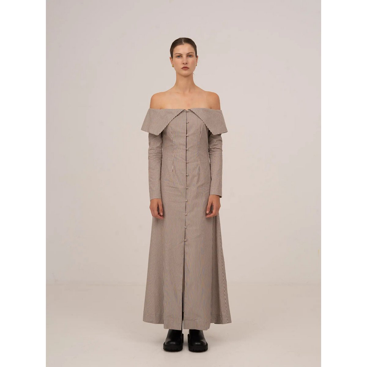 Bardot Brown Striped Off Shoulder Maxi Dress