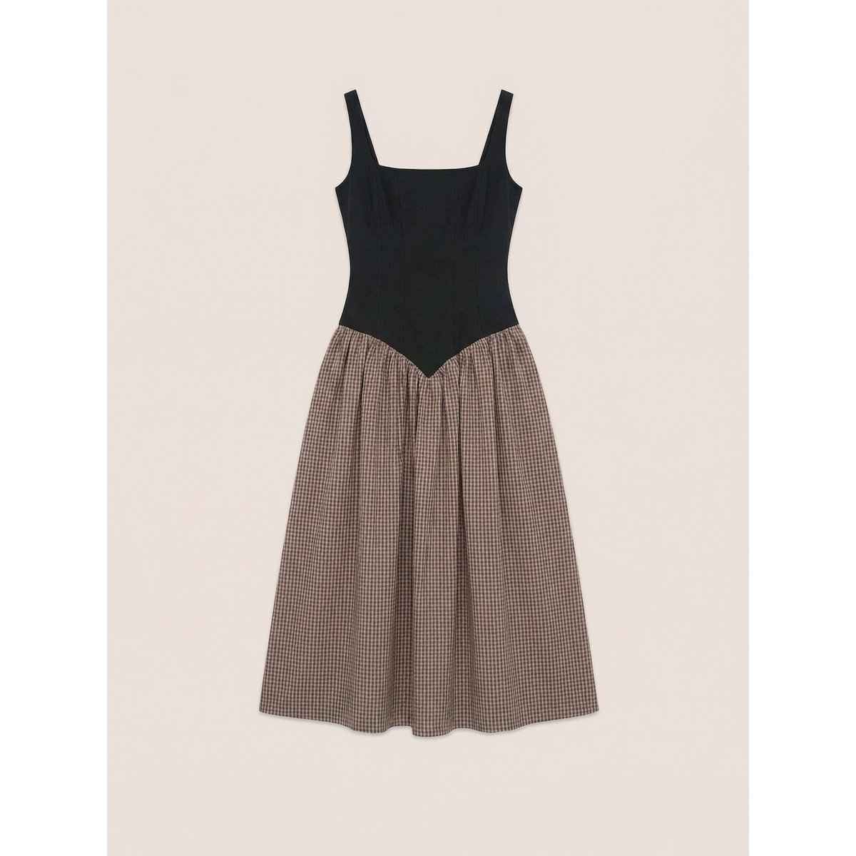 Robe mi-longue à carreaux marron avec corsage contrasté Rove