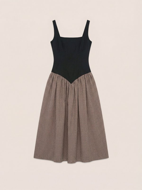 Robe mi-longue à carreaux marron avec corsage contrasté Rove