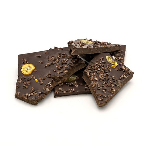 Broken bars (dark 72% with kumquats and cocoa nibs) 200 Grs