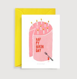 Colorful birthday card with a pink cake illustration and the text "Hap Birthday Day". The card is suitable for celebrating a birthday.