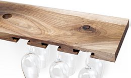 Tu Las™ vinflaskeholder i træ inklusive vinglas og champagneglasholder - 94 x 22 x 4 cm - Flydende vinflaskeholder - Vægbeslag - Valnøddetræ