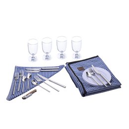 LAGUIOLE, Panier Pique-Nique pour 4 Personnes, Osier, Coton, Céramique, Métal et PVC, Repas Nomades, Plein Air, Extérieur, Camping, Randonnée, Marron